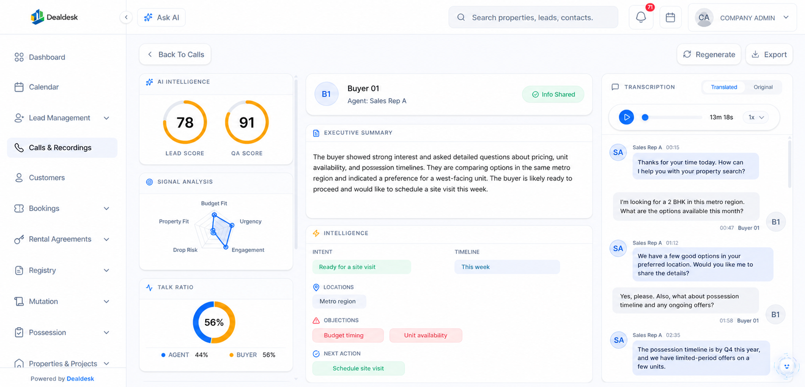Anonymised DealDesk Call intelligence screen with visible sample data