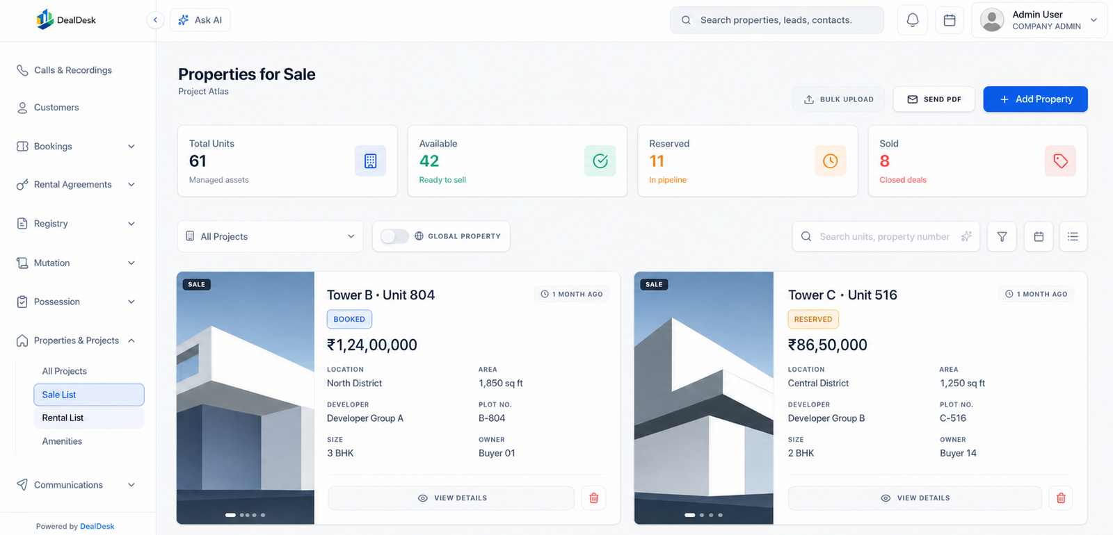 Anonymised DealDesk Inventory workspace screen with visible sample data